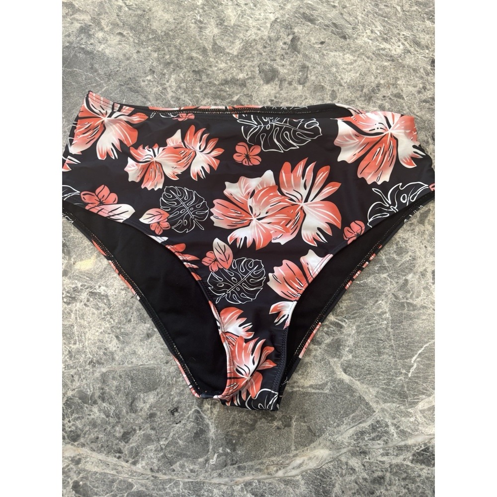 NWOT Bikini HighWaisted Swim Bottom Womens Size XL Black & Coral Tropical Print